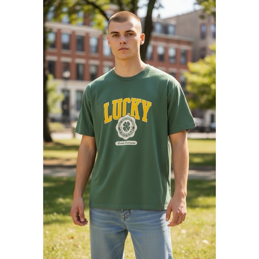 Lucky brand men's t shirt medium green logo cotton polyester rayon new with tag
